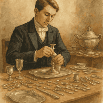 Edwardian footman seated at a table, carefully polishing silver candlesticks and trays