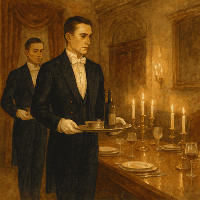 Edwardian footmen in livery uniforms serving a formal dinner in a grand dining room