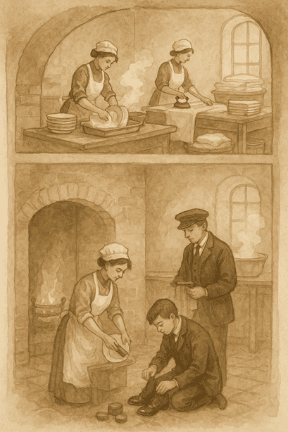 Edwardian junior servants at work: a scullery maid washing dishes, a hall boy polishing boots, and laundry maids pressing linens