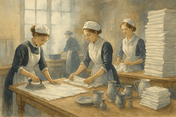 Edwardian laundry room scene with young maids ironing crisp white linens and folding large stacks of sheets
