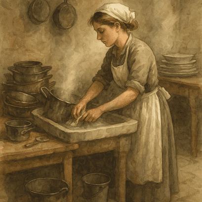 Edwardian scullery maid in a simple uniform with rolled-up sleeves, scrubbing a large stack of pots and pans
