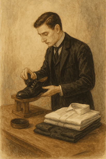 Edwardian valet polishing a pair of black leather shoes on a wooden stand.