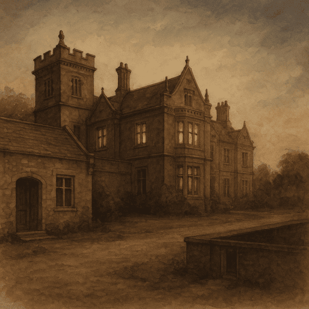 A grand Edwardian country house viewed from the outside at dusk