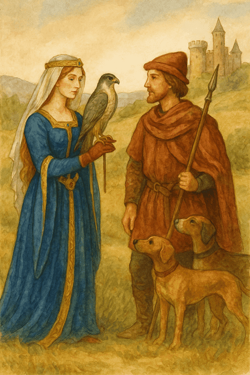 Castle Leisure: A noble lady holding a falcon, a lord nearby with hunting dogs