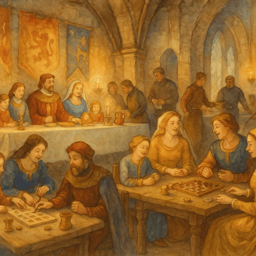 Castle Leisure:A Great Hall feast where children, nobles, and minstrels all appear