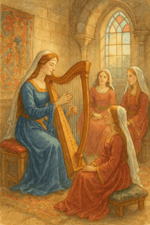 Castle Leisure: A noble lady playing a harp for her companions in a solar