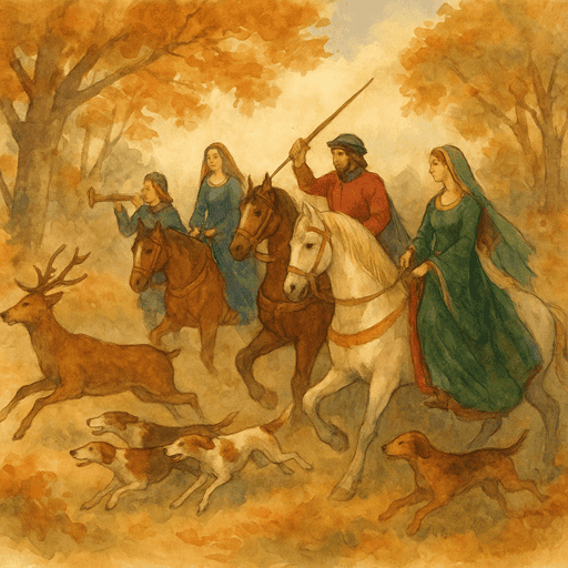 Castle Leisure: Lords and ladies on horseback with hounds, chasing a stag
