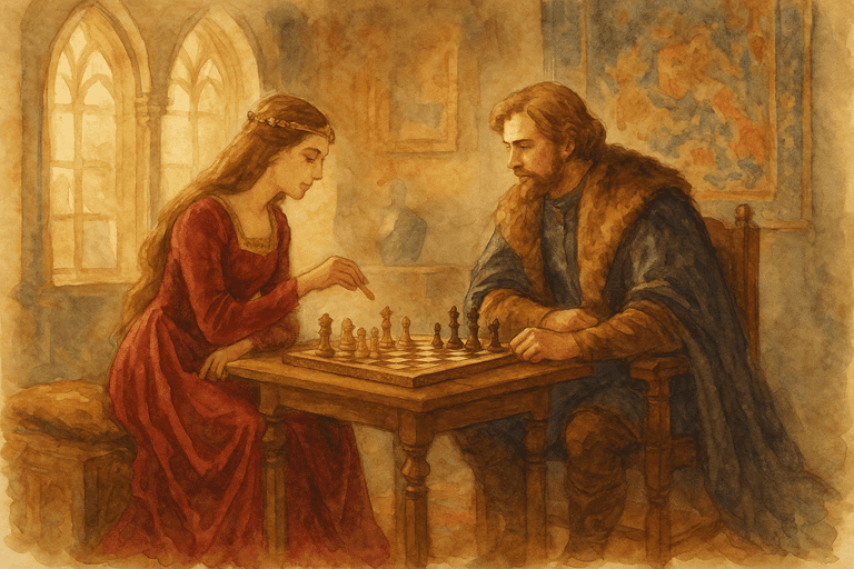 Castle Leisure: A noble couple playing chess in a richly decorated chamber
