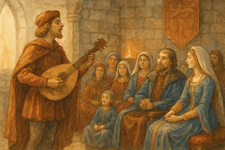 Castle Leisure: A minstrel performing with a lute for lords and ladies