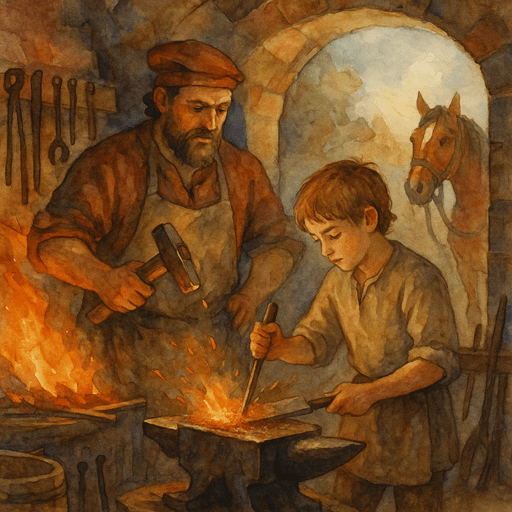 Child Servants and Apprentices in a Medieval Castle: Child learning a skilled craft - Learning the Forge.