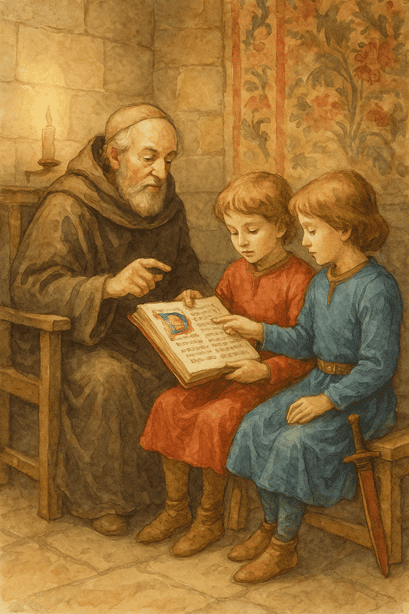 How Young Lords and Ladies Were Raised: A cleric teaching young noble boys to read