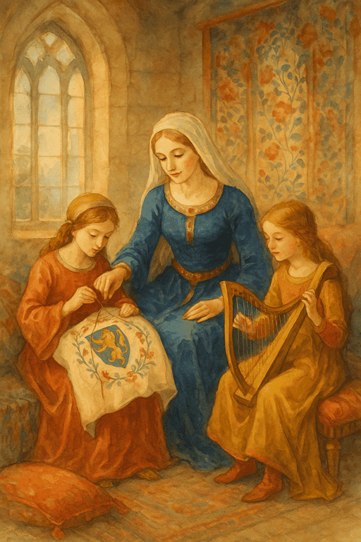 How Young Lords and Ladies Were Raised - A noble lady guiding her daughters
