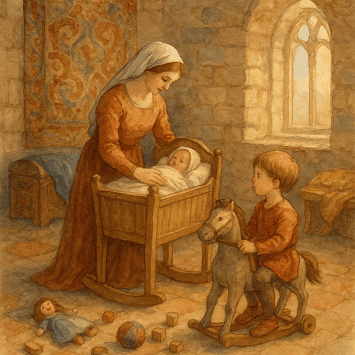 A medieval nursery scene with a nurse and children