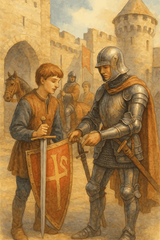 How Young Lords and Ladies Were Raised - A young squire assisting a knight