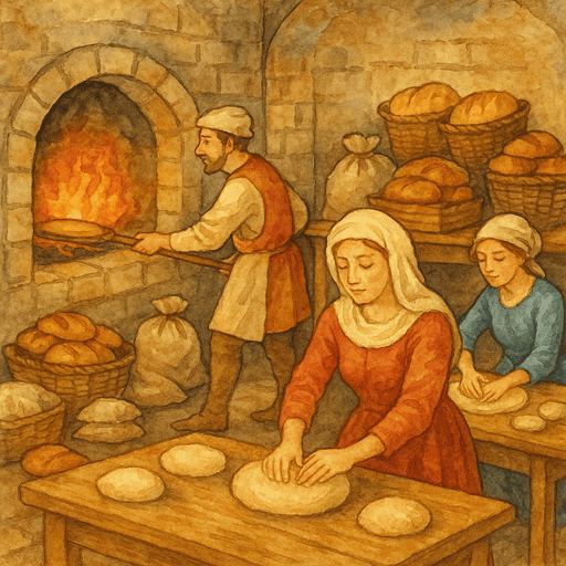Cook and Kitchen Life in a Medieval Castle: Bakers at a stone oven preparing bread.