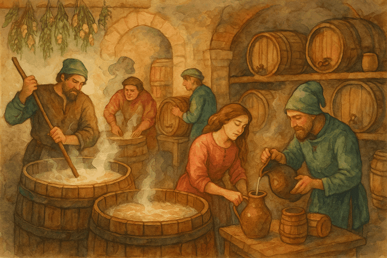 Cook and Kitchen Life in a Medieval Castle: Workers brewing ale in large vats.