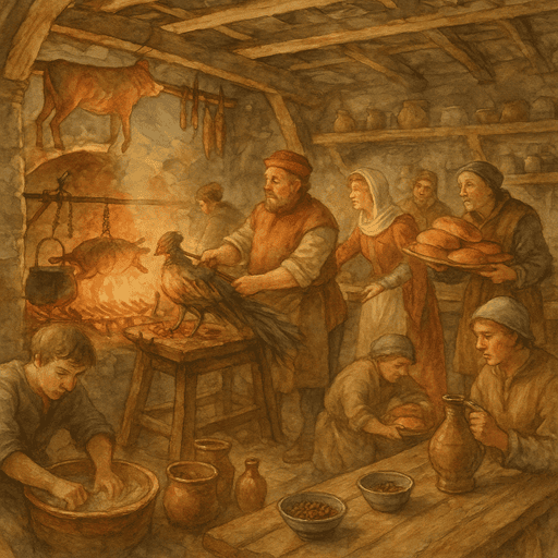 Feasting and Banquets in a Medieval Castle: Behind the scenes—cooks, scullions, and servants laboring in a smoky kitchen.