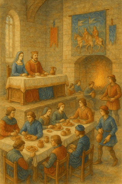 A banquet scene at midday with hierarchy visible: nobles at the dais, servants carrying food, entertainers playing music