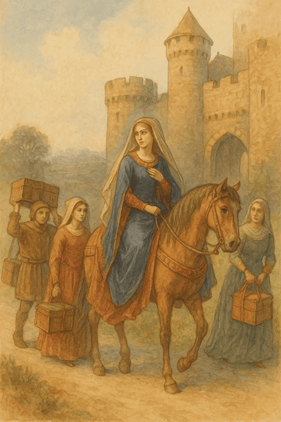 Death, Divorce, and Discord in the Castle - A lady leaving the castle gates with her attendants, turning back to glance at the fortress behind her.