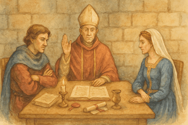 Death, Divorce, and Discord in the Castle - A priest or bishop mediating between a seated lord and lady, with scrolls and books on the table.