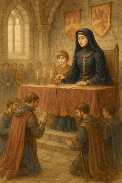 Death, Divorce, and Discord in the Castle - The lady seated at the high table, holding the lord’s seal, while vassals swear loyalty to her and her young son.