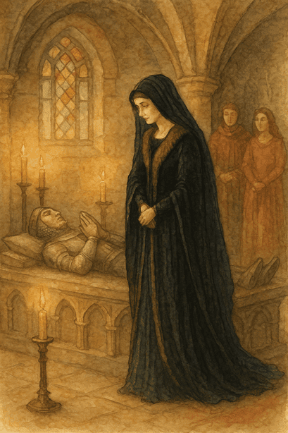 Death, Divorce, and Discord in the Castle - A noble lady in mourning clothes, standing beside her husband’s tomb or bier in a castle chapel.