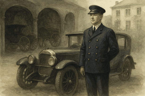 Edwardian chauffeur in uniform standing proudly beside a motorcar, while in the background an empty stable with unused carriages.