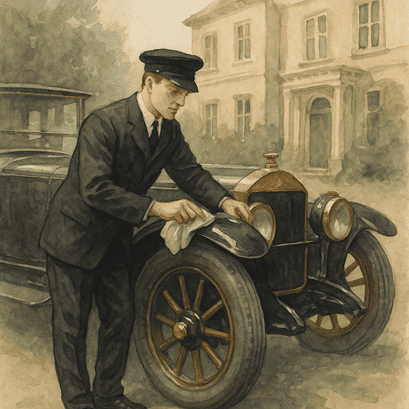 Edwardian chauffeur polishing a shiny early motorcar in front of a grand country house
