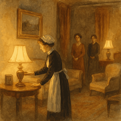 Edwardian drawing room with electric lamps switched on