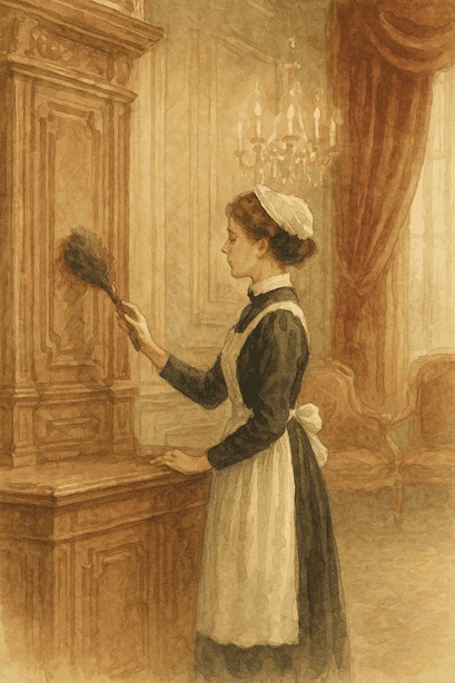Edwardian housemaid dusting a tall wooden cabinet
