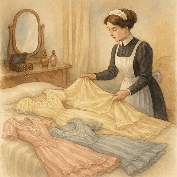 Edwardian lady’s maid arranging delicate gowns on a bed.