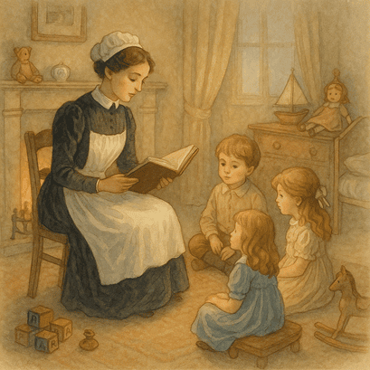 Edwardian nursery maid reading to children in a cozy nursery, surrounded by toys and a roaring fireplace.