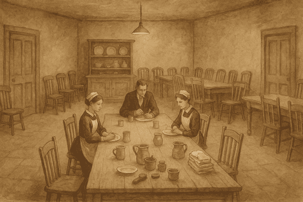 Edwardian servants’ hall with long wooden tables, but only a few servants seated while many chairs remain empty