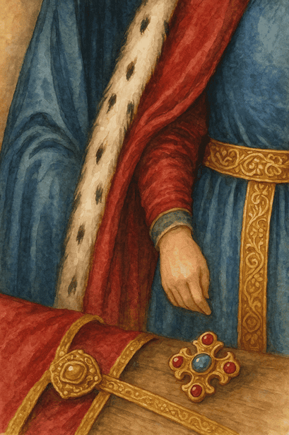 Fashion in the Great Halls of Medieval Castles: Close-up of fabrics and accessories—silk, velvet, fur, and ermine.