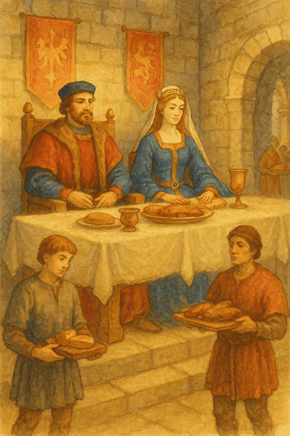 Fashion in the Great Halls of Medieval Castles: A lord and lady dressed in luxurious fabrics, seated at the high table, showing off fashion.