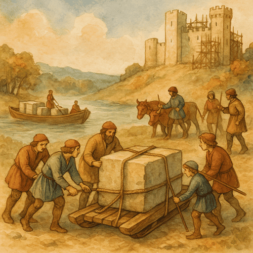 How Medieval Castles Were Constructed: peasants hauling huge stone blocks on wooden sledges pulled by oxen