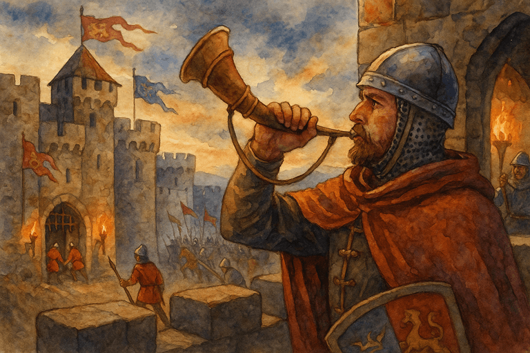 Medieval Castle Guards and Watchmen: Guard raising alarm.