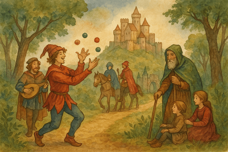 Medieval Entertainers, Minstrels, and Jongleurs: a group of medieval entertainers traveling along a forest road.
