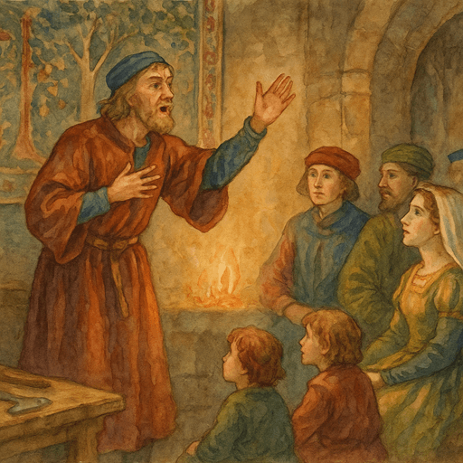 Medieval Entertainers, Minstrels, and Jongleurs: a medieval storyteller standing before a group of nobles, dramatically reciting a tale