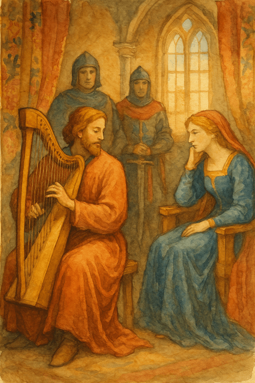 Medieval Entertainers, Minstrels, and Jongleurs: a medieval minstrel playing a harp before nobles in a castle solar