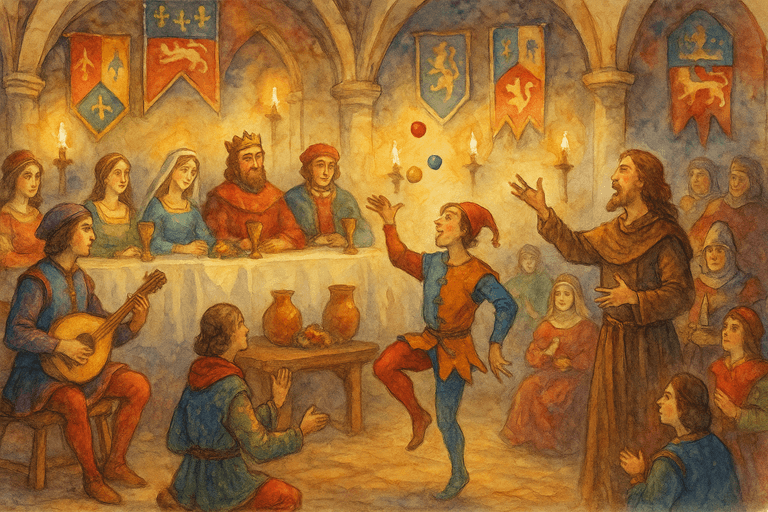 Medieval Entertainers, Minstrels, and Jongleurs: a medieval feast in a castle Great Hall