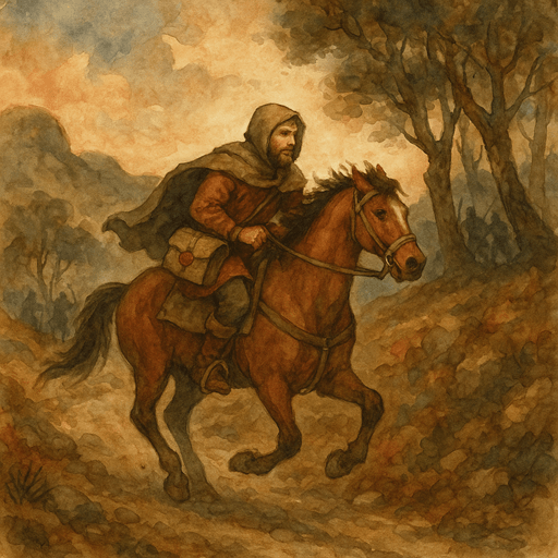 Medieval Messengers and Heralds: A weary rider traveling through a dangerous landscape.
