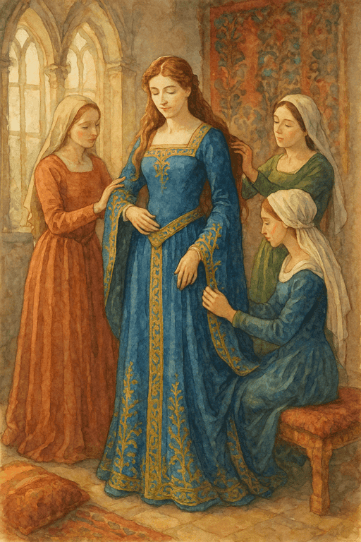 How Medieval Royalty Managed Hygiene, Bedrooms, and Baths - A noble lady being dressed by attendants