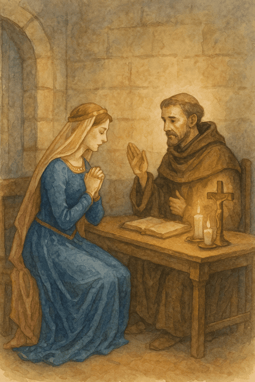 Religious Life in the Castle - A noble lady kneeling before her confessor in a private chamber