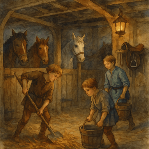 Stable Boys and Grooms in a Medieval Castle: Cleaning the Stables - Boys mucking out stalls