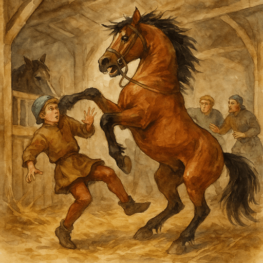 Stable Boys and Grooms in a Medieval Castle: A boy narrowly avoiding a horse’s kick.
