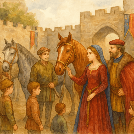 Stable Boys and Grooms in a Medieval Castle: Nobles inspecting their prized horses