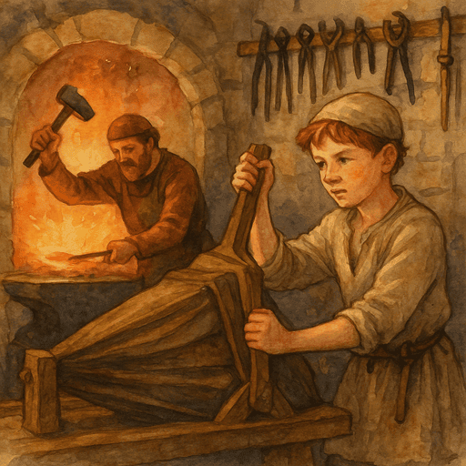 The Blacksmith and Armourer of a Medieval Castle - A young apprentice in a blacksmith’s forge, pumping the bellows while the master shapes metal