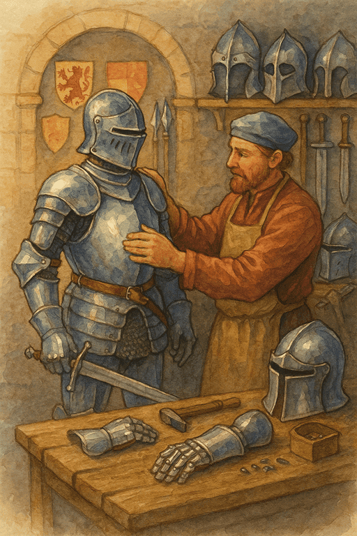 The Blacksmith and Armourer of a Medieval Castle - A medieval armourer fitting a polished breastplate onto a knight