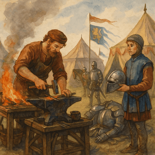 The Blacksmith and Armourer of a Medieval Castle -  a medieval armourer working at a portable forge in a military encampment